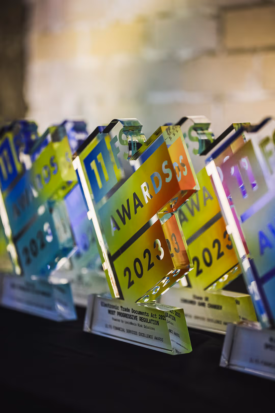 A close of photograph of the physical awards lined up on a table