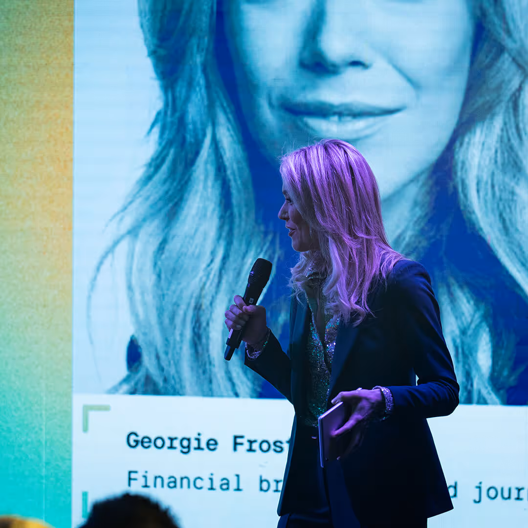 Georgie Frost, the 2023 awards MC on stage