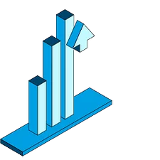 3D bar graph with upward trend arrow, illustrating growth or progress in data visualization.