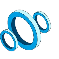 Three stylized blue rings of varying sizes, arranged in a dynamic overlapping pattern.