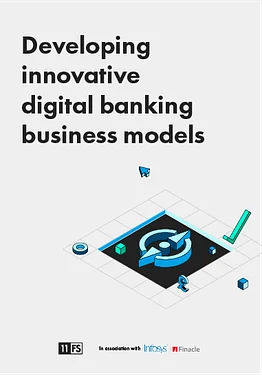 Cover for a report titled "Developing innovative digital banking business models," featuring graphics and design elements related to banking.
