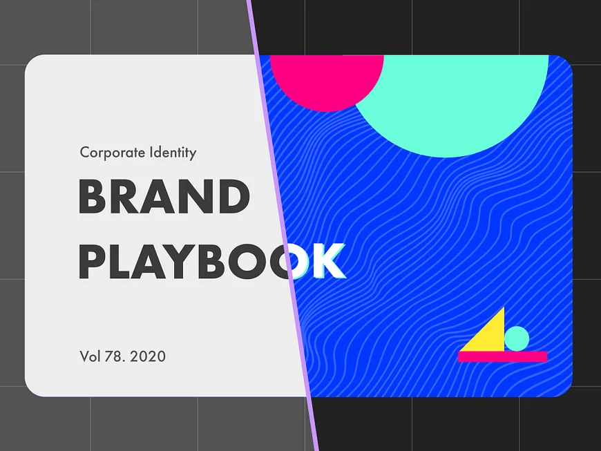 Cover of a brand playbook featuring bold text and colorful geometric shapes on a blue background.