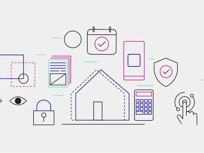 Graphic featuring various abstract icons including a house, calendar, smartphone, lock, and calculator, representing organization and security concepts.