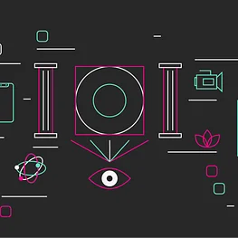 Abstract graphic with colorful shapes including circles, pillars, an eye, a phone, and video camera, set against a dark background.