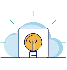 Icon of a light bulb inside a square, surrounded by a cloud and radiating lines, symbolizing ideas and innovation.