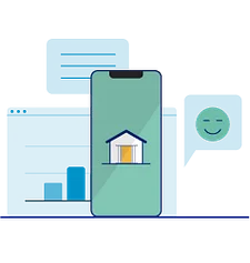 Smartphone displaying a house icon, surrounded by blue geometric shapes and a smiley face, representing home management or real estate services.