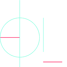 Abstract geometric design featuring a teal circle, vertical and horizontal lines, and two red rectangles.