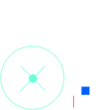 A stylized graphic featuring a circular shape with an "X" inside, accompanied by colored blocks in red and blue.