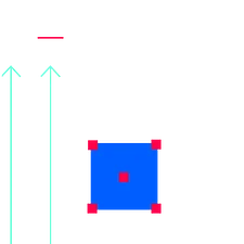 Diagram showing a central blue square with red corners, flanked by two green arrows and a red rectangle above.