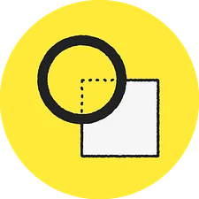 A yellow circle featuring a black outlined circle overlapping a dotted square and a solid white square.