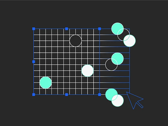 A grid with circles of varying colors, including aqua and black, overlaying a dark background, with an arrow pointer at the bottom right.