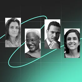 Four headshot portraits of diverse individuals on a dark background with a light green geometric overlay.