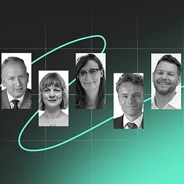 Five headshot portraits of professionals arranged in a row, with a green geometric design overlay on a dark background.