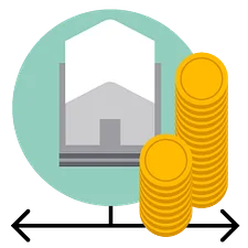 Illustration of a house icon next to stacks of gold coins, representing real estate investment or savings.