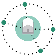 Icon depicting a house within a circular design, surrounded by smaller circles. Represents housing or real estate concepts.