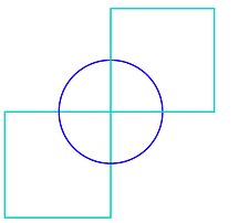 Abstract geometric design featuring a blue circle intersecting a green square and a light blue square with lines directed horizontally and vertically.