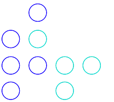 Abstract graphic with blue and aqua circles arranged in a grid pattern, connected by horizontal and vertical lines.
