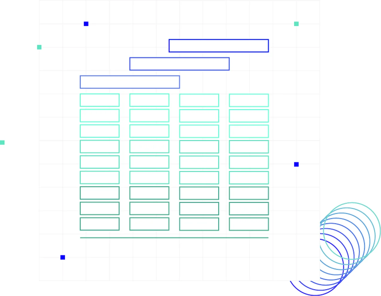 Abstract graphic with a grid, featuring stacked bars above a table-like structure and geometric shapes in various colors.