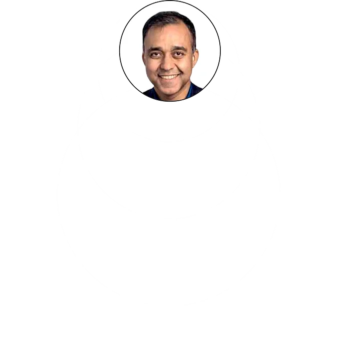 Circular graphic featuring a smiling individual in a central photo, surrounded by concentric lines and shapes.