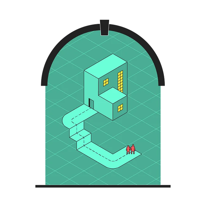 A stylized graphic of a house with a winding pathway leading to two figures, all set against a grid background.
