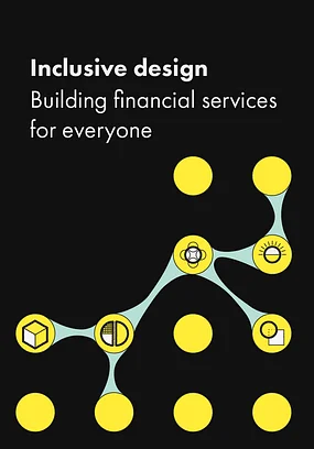 Graphic promoting inclusive design for financial services, featuring yellow icons and a black background with the text "Building financial services for everyone."