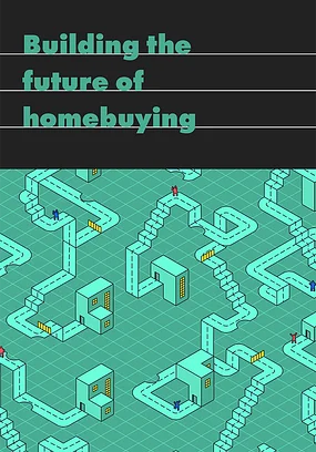 Stylized graphic depicting a maze-like structure with teal buildings and pathways, titled "Building the future of homebuying."