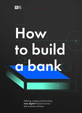 Cover design for "How to Build a Bank," featuring bold text on a black background with geometric shapes and a blue accent.
