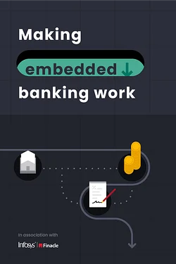 Graphic promoting "Making Embedded Banking Work," featuring icons of a house, coins, and a document with a checkmark.