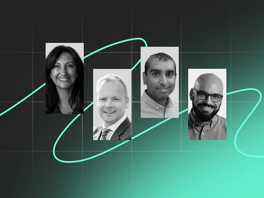 Four headshot portraits of professionals displayed against a dark gradient background with abstract light blue lines.