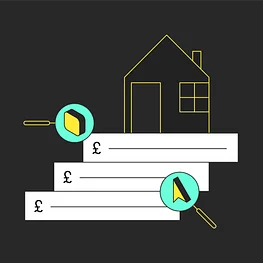Illustration of a house with price tags and search icons, symbolizing real estate pricing and navigation.