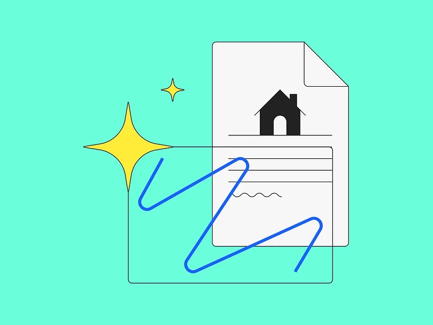 Graphic illustration of a document with a house icon, surrounded by stars and a blue abstract line on a light green background.