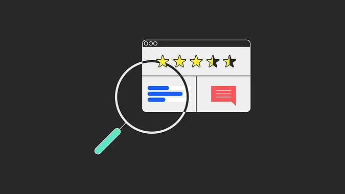 Magnifying glass over a digital interface displaying a review with five yellow stars and one black star, on a dark background.
