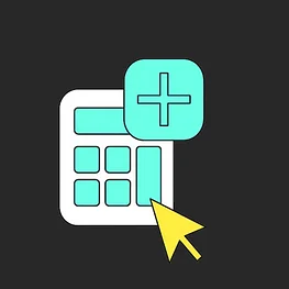 Illustration of a calculator with a plus icon above it and a yellow cursor pointer indicating interaction, set against a dark background.