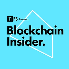 Logo for "Blockchain Insider" by 11:FS, featuring bold black text on a light blue background with a geometric white shape.