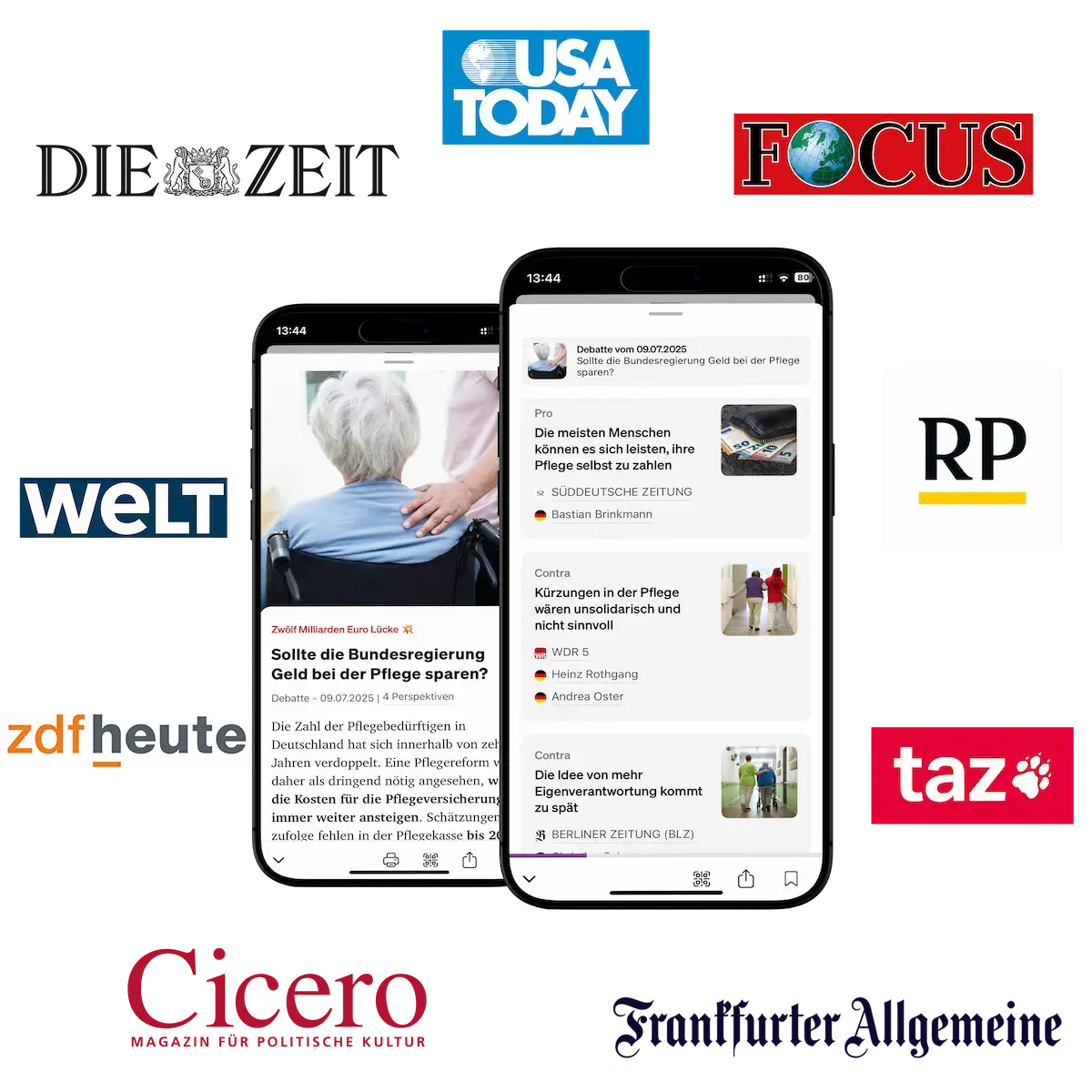 Handy zeigt Debatten in der Buzzard app und Logos von Medienhäusern.