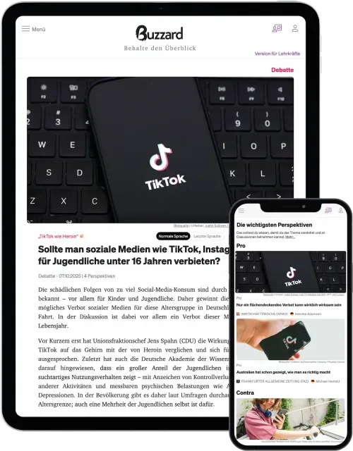 Buzzard Debatte mit Pro- und Contra-Perspektiven auf dem Tablet und Handy