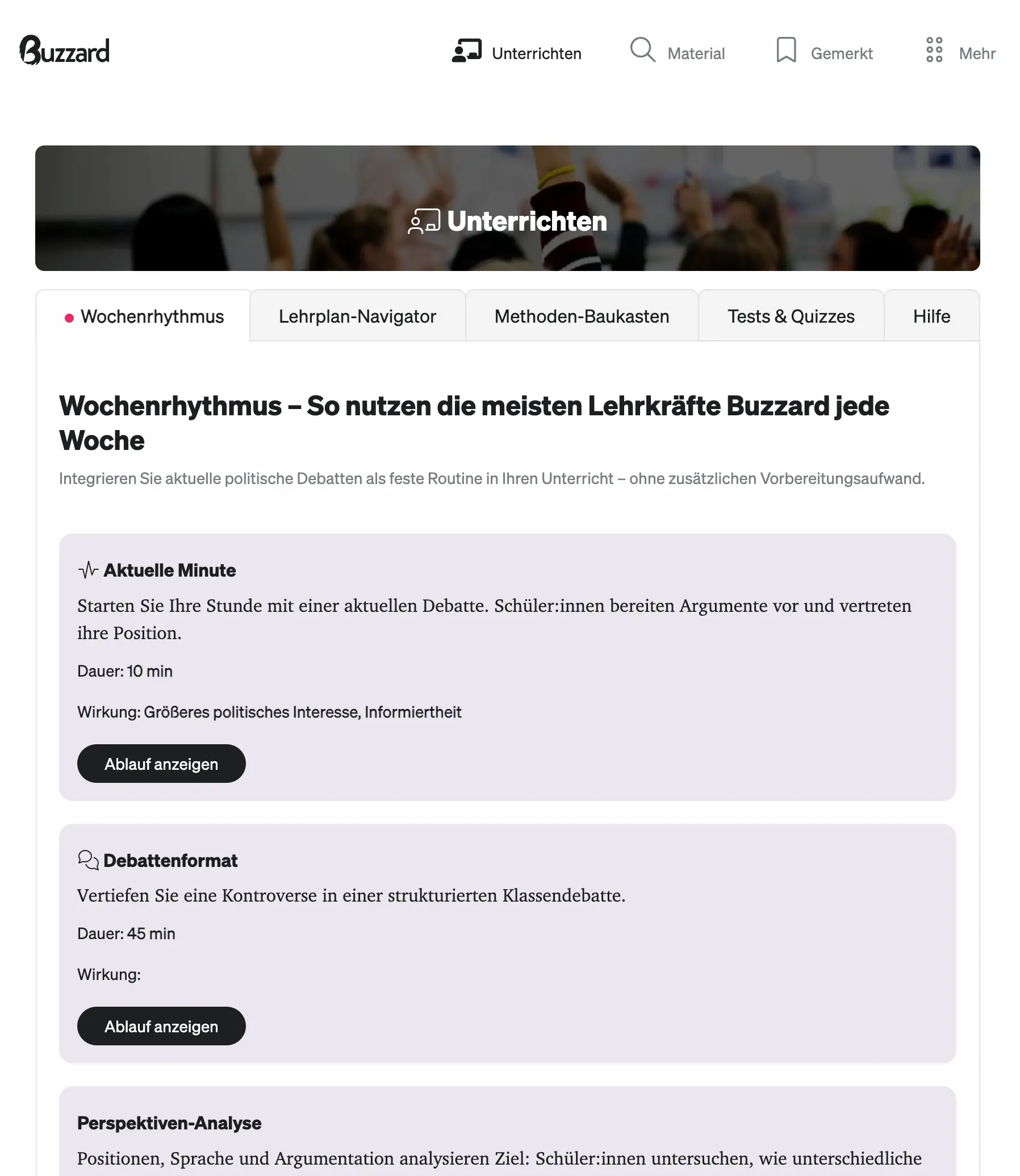 Unterrichten-SeiteWochenrhythmus, Lehrplan- Navigator, Methoden-Baukasten sowie Tests & Quizzes.