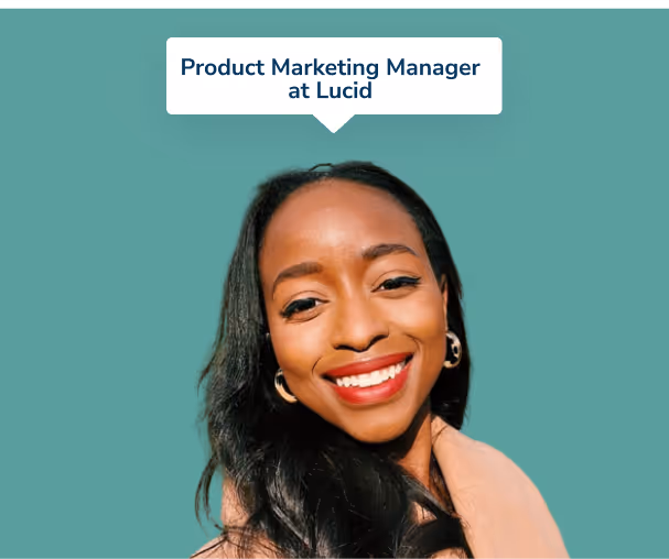 Smiling woman with long dark hair and hoop earrings against a teal background with text 'Product Marketing Manager at Lucid'.