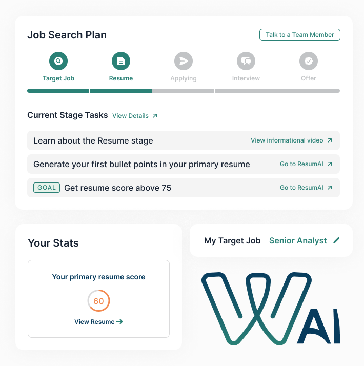 Job Search Plan dashboard showing progress in Resume stage with tasks and primary resume score of 60 for target job Senior Analyst.