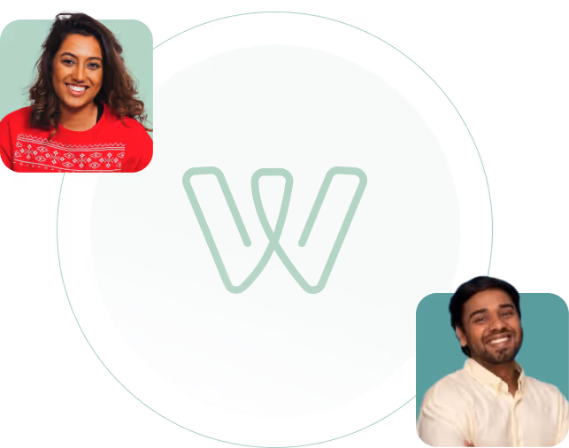 Two smiling professionals, a woman in a red sweater and a man in a white shirt, positioned around a large faded green circle.