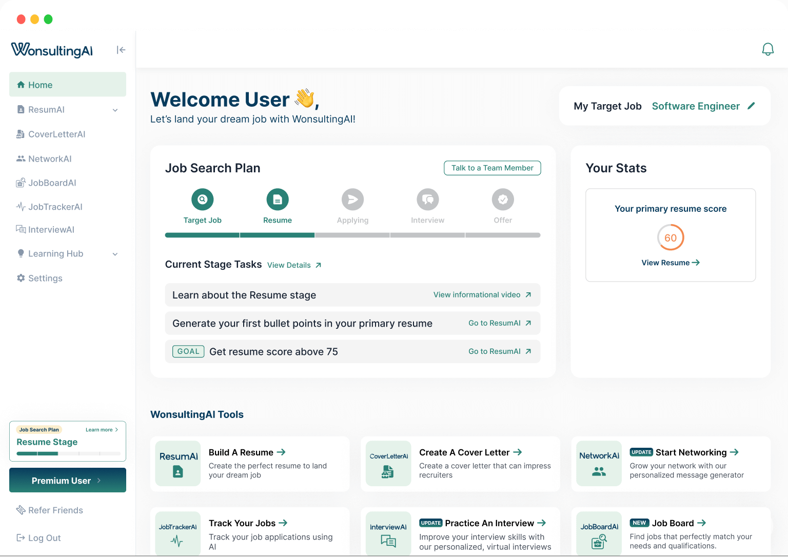 WonsultingAI dashboard showing job search plan with stages, current tasks, primary resume score of 60, and tools like ResumeAI, CoverLetterAI, NetworkAI, JobTrackerAI, InterviewAI, and JobBoardAI.