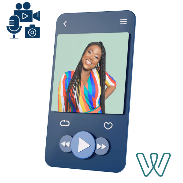 Digital media player screen showing a smiling woman in a colorful striped shirt with playback controls below.