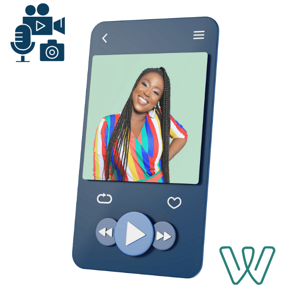 Digital media player screen showing a smiling woman in a colorful striped shirt with playback controls below.
