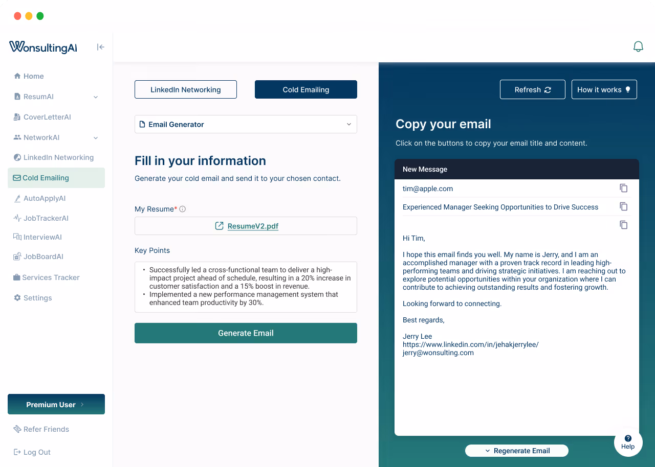 Cold Emailing interface of WonsultingAI web app with sections to upload resume, input key points, generate email, and copy generated email content.