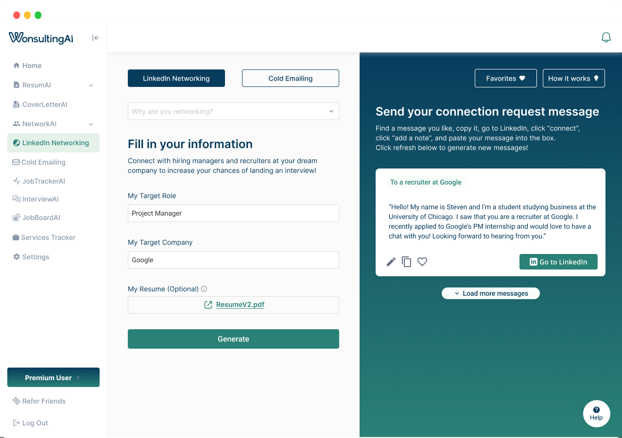 User interface of WonsultingAI showing LinkedIn Networking tab with fields for target role, target company, and optional resume upload, plus a generated LinkedIn connection request message to a Google recruiter.
