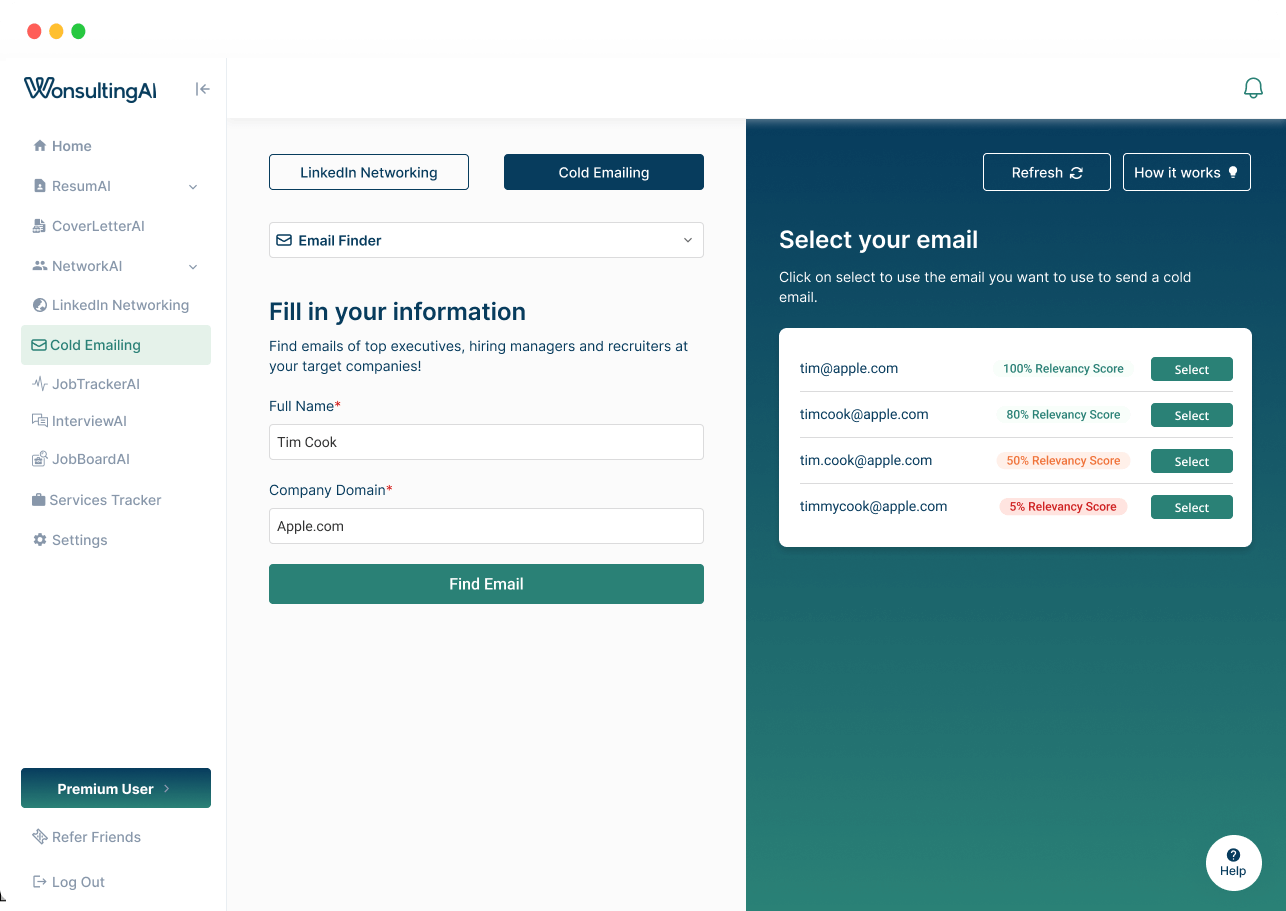 User interface of WonsultingAI Cold Emailing tool showing input fields for Full Name and Company Domain with a Find Email button and a list of selectable emails with relevancy scores.