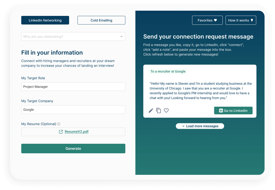 LinkedIn networking tool interface showing form fields for target role as Project Manager and target company as Google, with a generated connection request message to a Google recruiter.