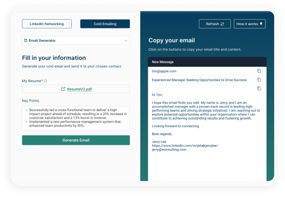 Screenshot of a cold email generator interface with sections to fill in resume and key points on the left, and a generated email preview on the right addressed to tim@apple.com from Jerry Lee with a professional introduction and contact information.