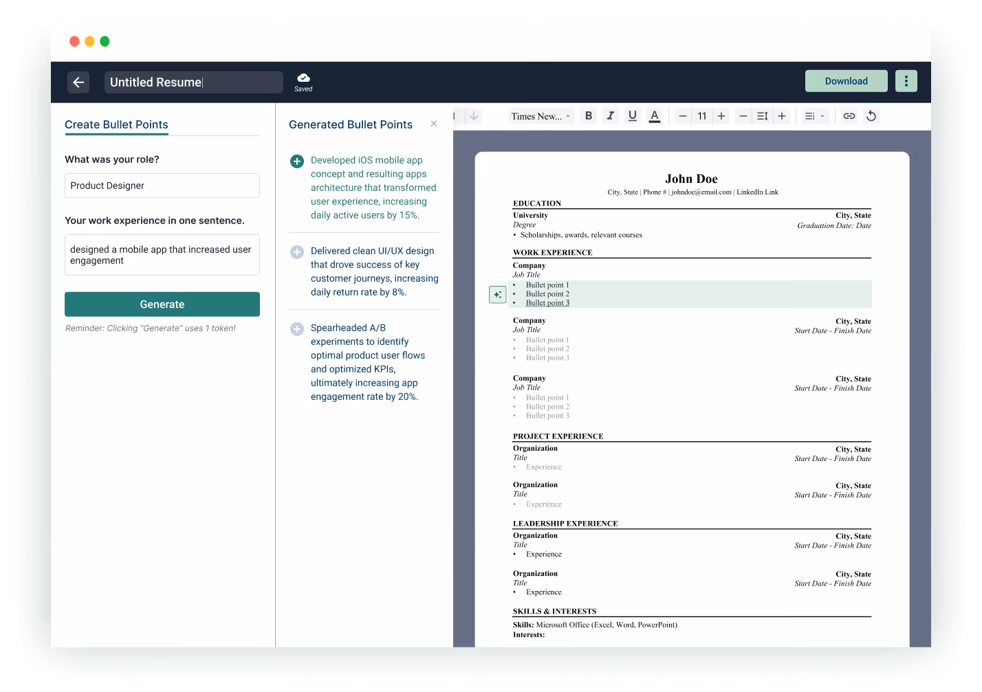 Resume builder interface showing a form for creating bullet points with generated bullet points and a preview of a resume for John Doe.