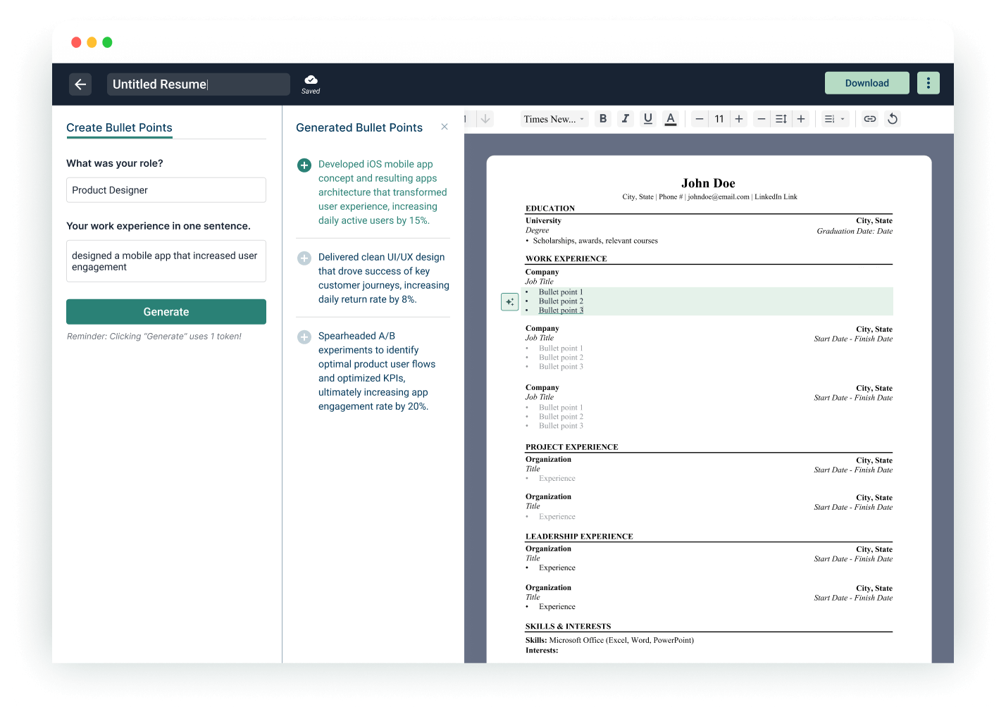 Resume builder interface showing a form for creating bullet points with generated bullet points and a preview of a resume for John Doe.